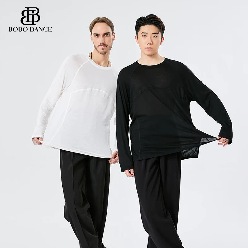 BOBO. L159 Boys Latin Dance Suit Crew Neck Long Sleeve T-Shirt Men's Ballroom Dance Professional Latin Practice Suit Dance Top