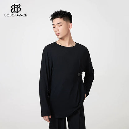 BOBO-DANCE.L077 Neck Black and White Dance Top T-Shirt Men's Ballroom Dance Professional Latin Practice Suit