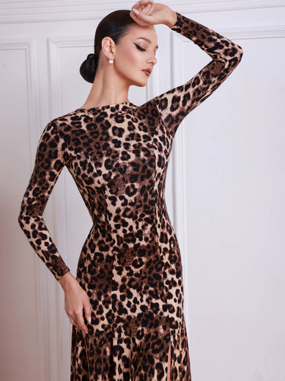 TID long-sleeved leopard print practice social dance dress D032