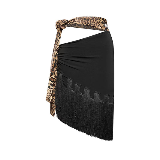 A black wrap skirt with a leopard print tie belt and a black fringe hem, shown against a plain white background.