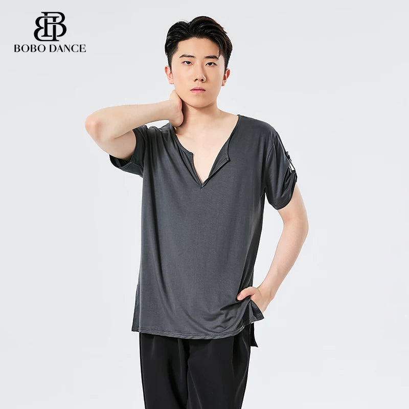 BOBO. L156 Boys Latin Dance Clothing High-end Professional Practice Clothing Adult Loose Short Sleeve Top