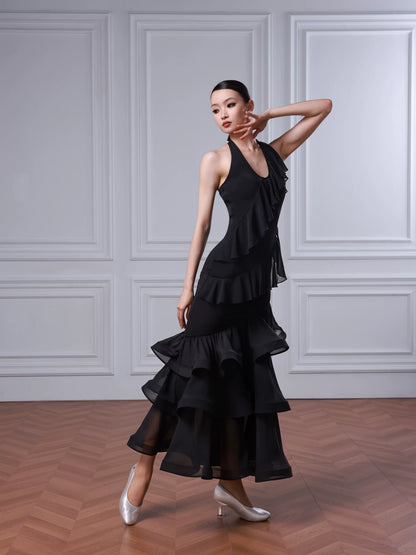 TID neck dress, multi-layer skirt, large swing skirt, high-end ballroom dance skirt