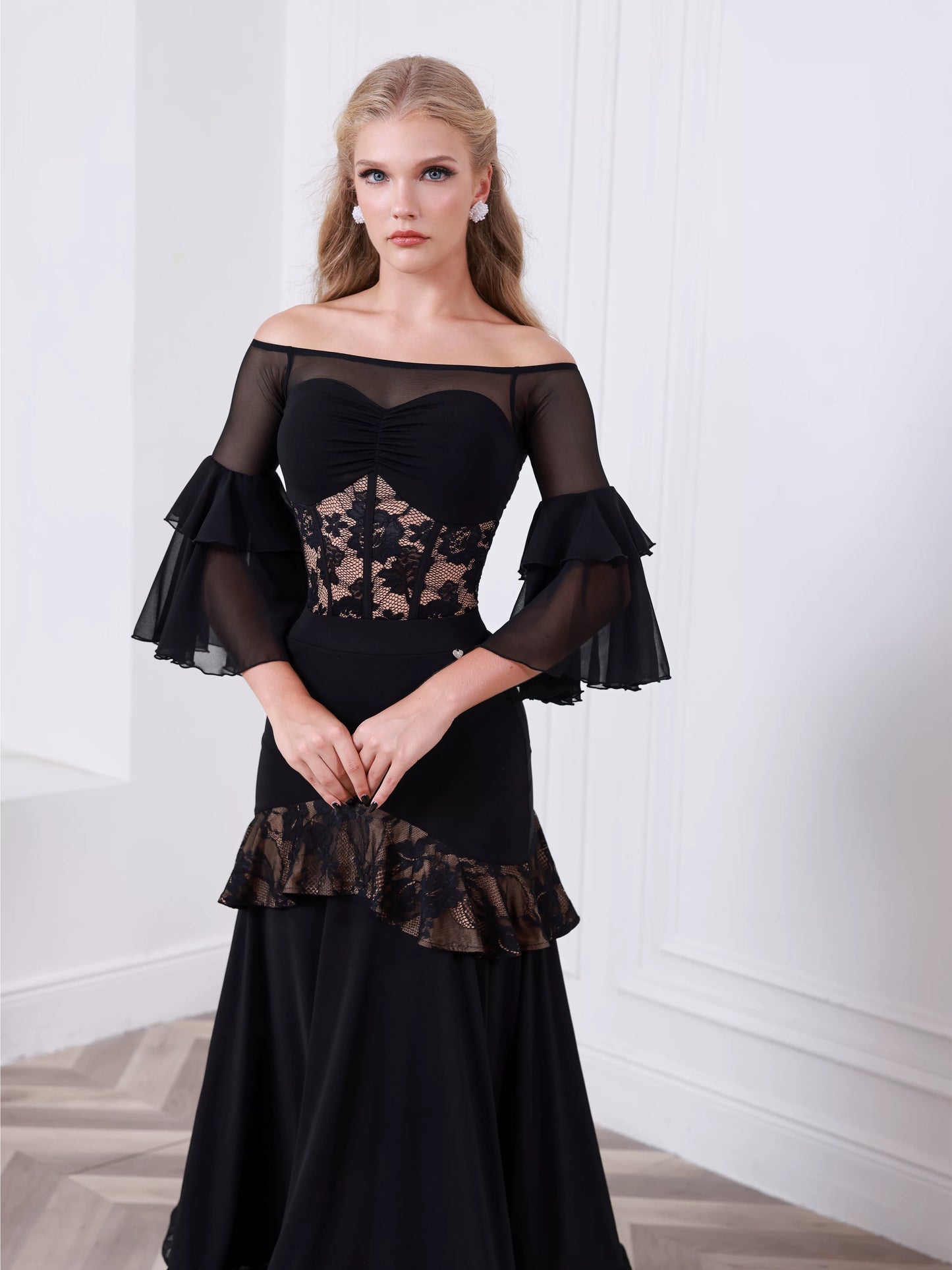 TID ballroom practice top and skirt advanced one-word shoulder waltz ballroom dance wear B016/S038