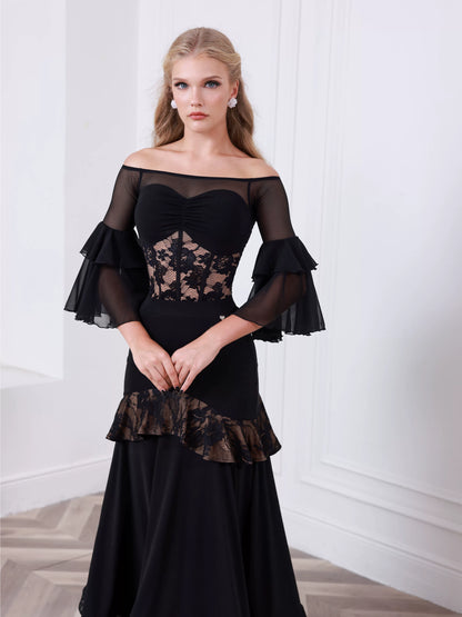 TID ballroom practice top and skirt advanced one-word shoulder waltz ballroom dance wear B016/S038