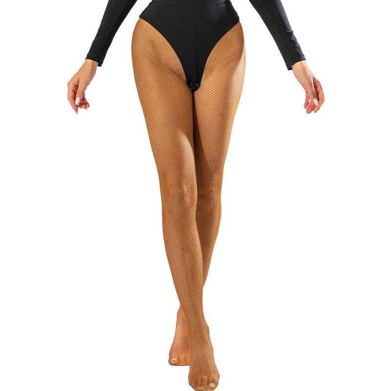 Professional Latin Dance Mesh Tights Caramel High Elastic Non-Slip Sole