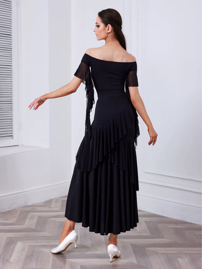 TID new ballroom practice top and skirt advanced one-word shoulder ballroom dance skirt and top B060/S039