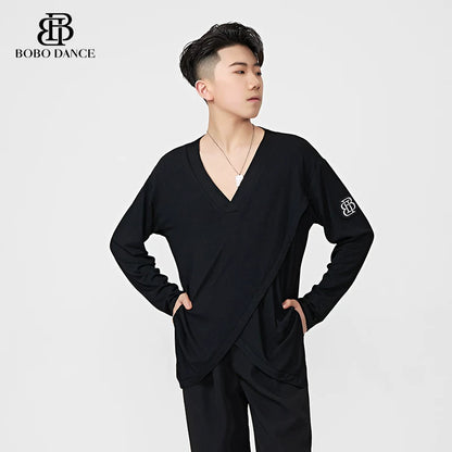 BOBO.L073 Boys Latin Dance Suit Crew Neck Black and White T-Shirt Men's Ballroom Dance Professional Latin Practice Suit Dance Top