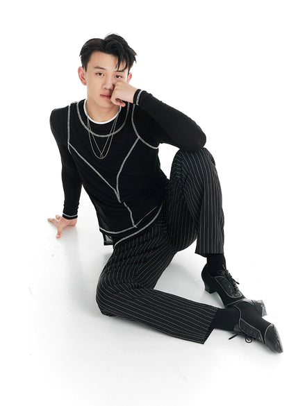 DUYQ "Black and White" Men's 009 Small Crew Neck Long Sleeve Versatile Single Product National Standard Latin Dance Practice Suit