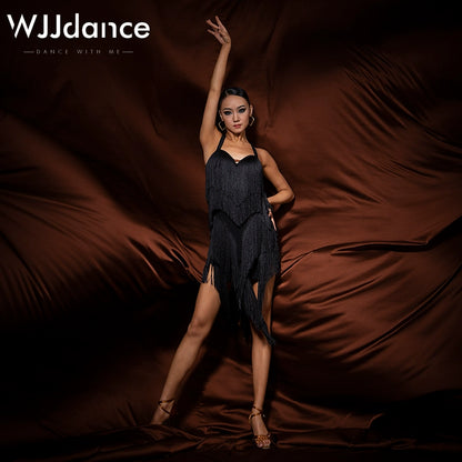 WJJdance Latin dance dress women's new neck strap arc tassel national standard practice suit competition