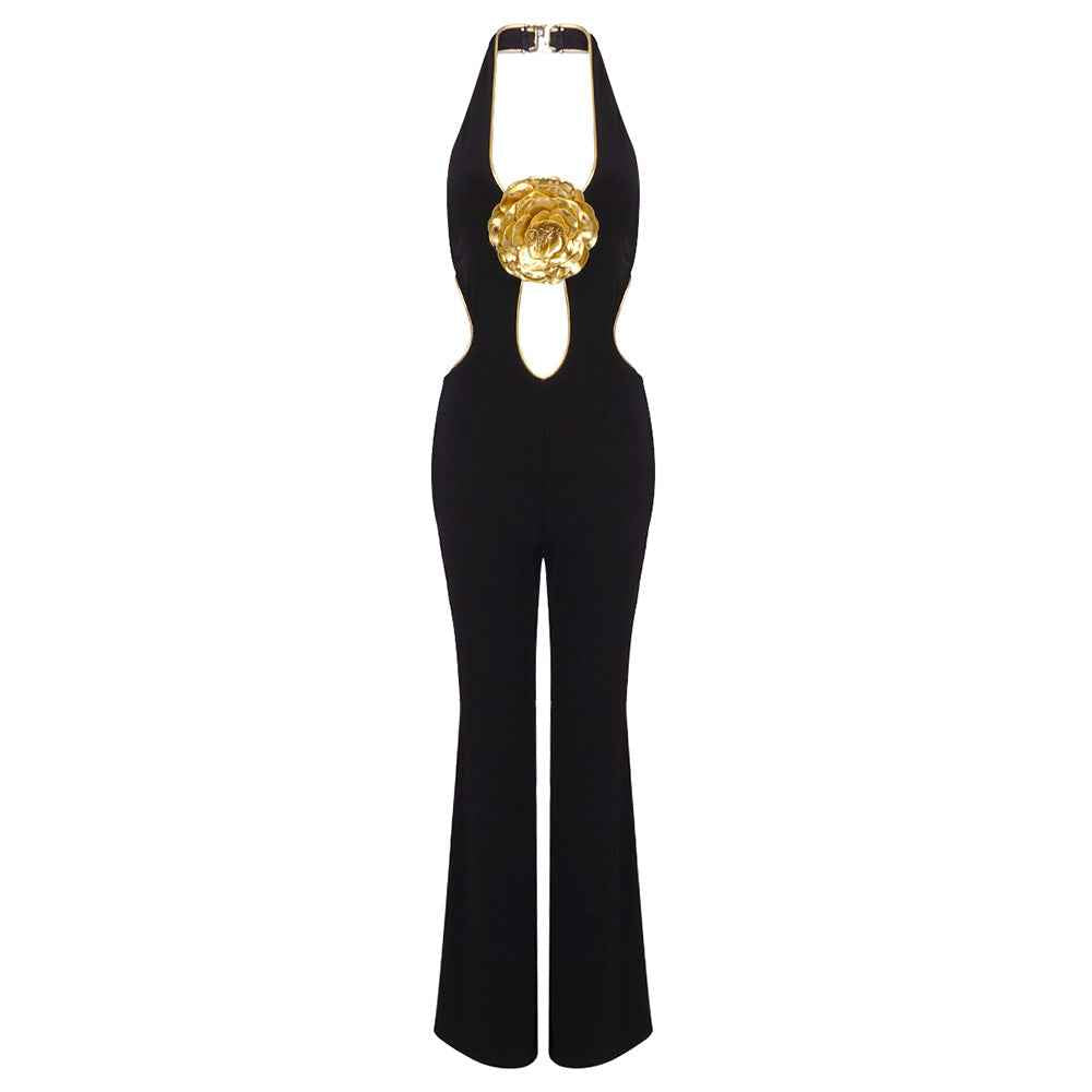 BD2561 Golden Flower Sleeveless Backless Halter Jumpsuit