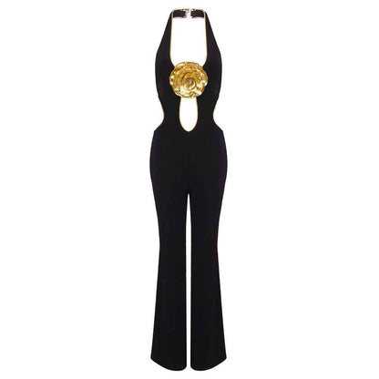 BD2561 Golden Flower Sleeveless Backless Halter Jumpsuit