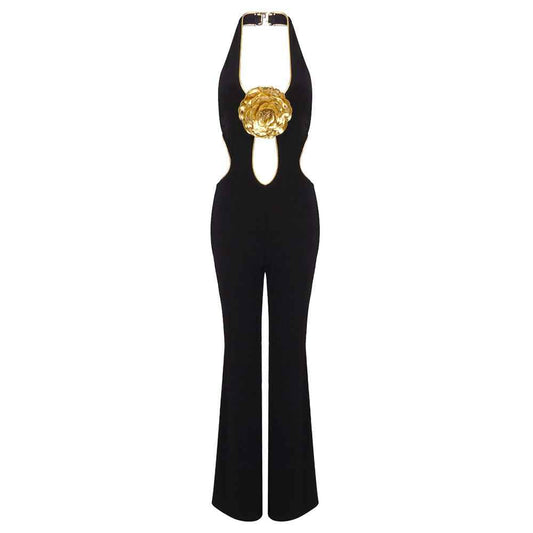 BD2561 Golden Flower Sleeveless Backless Halter Jumpsuit