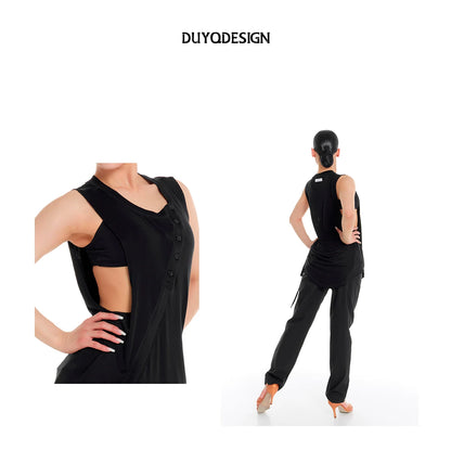 DUYQ "Female Teacher Series" 007 Design Sense Oblique Button Drawstring Sleeveless Top National Standard Latin Dance Clothing Professional