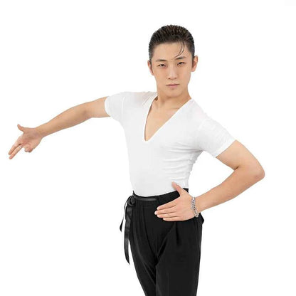 DONG XIN.NY106 dance shirt, short-sleeved V-neck white T-shirt, men's professional Latin practice top