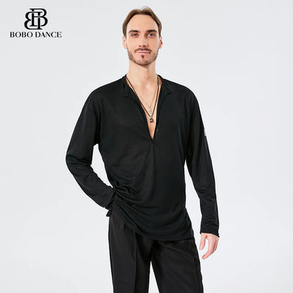 BOBO. L157 Boys Latin Dance Clothing High-end Professional Practice Clothing Men's Adult Loose Long Sleeve Top