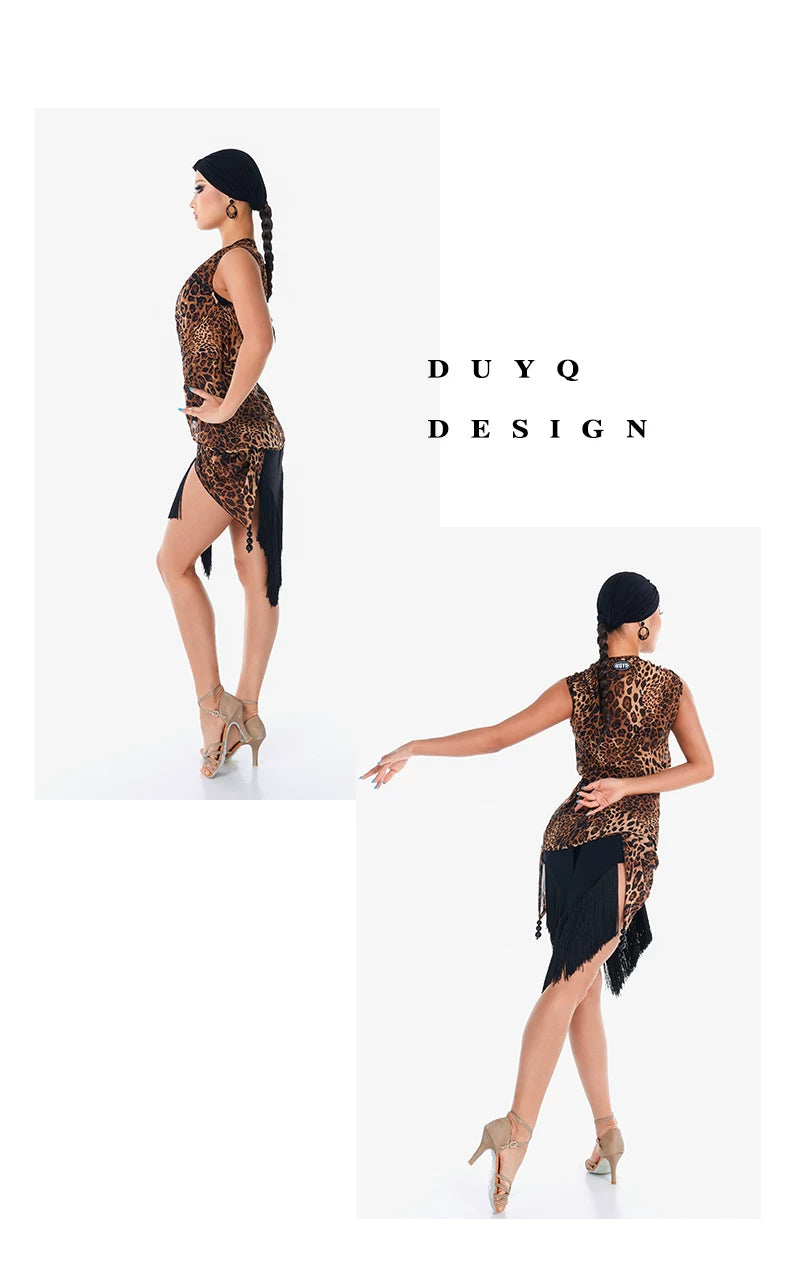 DUYQ "Leopard Girl" 002 Original Splicing Tassel Skirt National Standard Women's Latin Dance Practice Suit