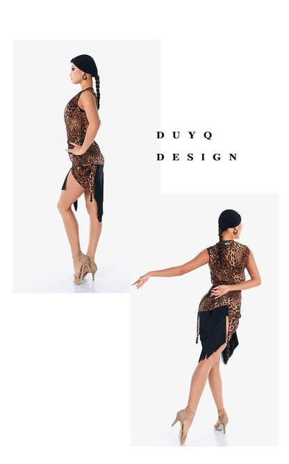 DUYQ "Leopard Girl" 002 Original Splicing Tassel Skirt National Standard Women's Latin Dance Practice Suit