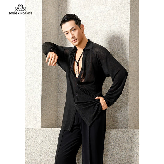 Dongxin Dance Latin Dance Men's Shirt, Front Short Back Long Practice Suit Training Suit NY851