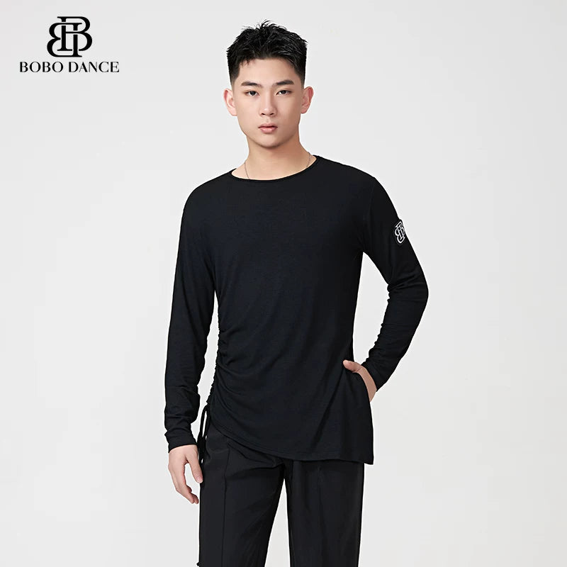 BOBO DANCE Boys Latin Dance Suit Crew Neck Black and White T-Shirt Men's Ballroom Dance Professional Latin Practice Suit Dance Top