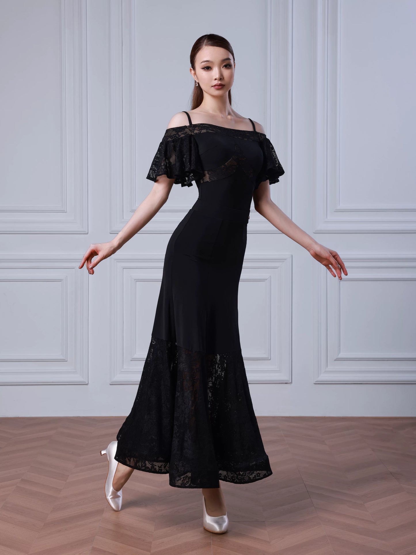 TID new modern dance skirt ballroom dance waltz swing skirt lace fishbone skirt national ballroom dance suit B077 + S047