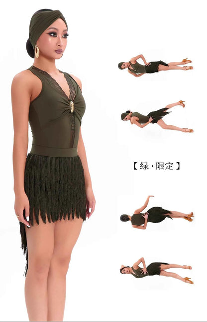 DUYQ "Green Limited" 001 Classic Original Lace One-piece Top National Standard Women's Latin Dance Practice Suit
