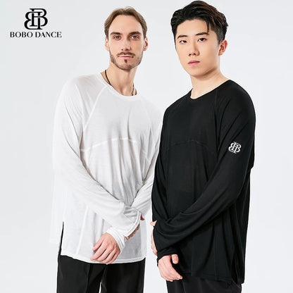BOBO. L159 Boys Latin Dance Suit Crew Neck Long Sleeve T-Shirt Men's Ballroom Dance Professional Latin Practice Suit Dance Top