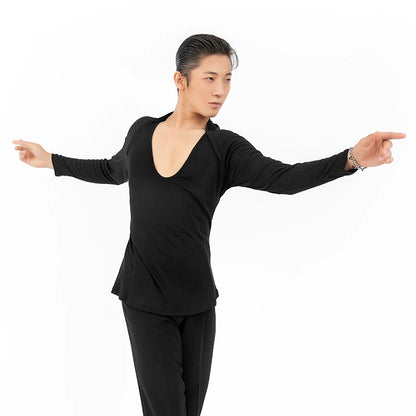 DONGXIN shoulder cut fake two men's long-sleeved T-shirt, round/V two-neck cotton dance top NY328