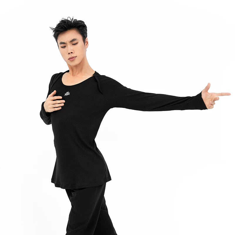 DONGXIN shoulder cut fake two men's long-sleeved T-shirt, round/V two-neck cotton dance top NY328