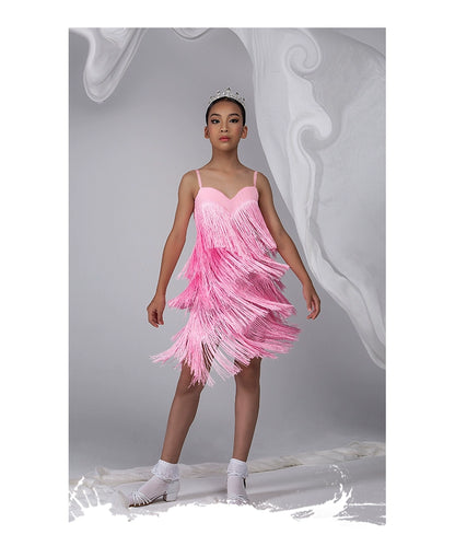 WJ Latin dance suspender fringed dress for girls 2025 new backless practice clothes competition flower clothes