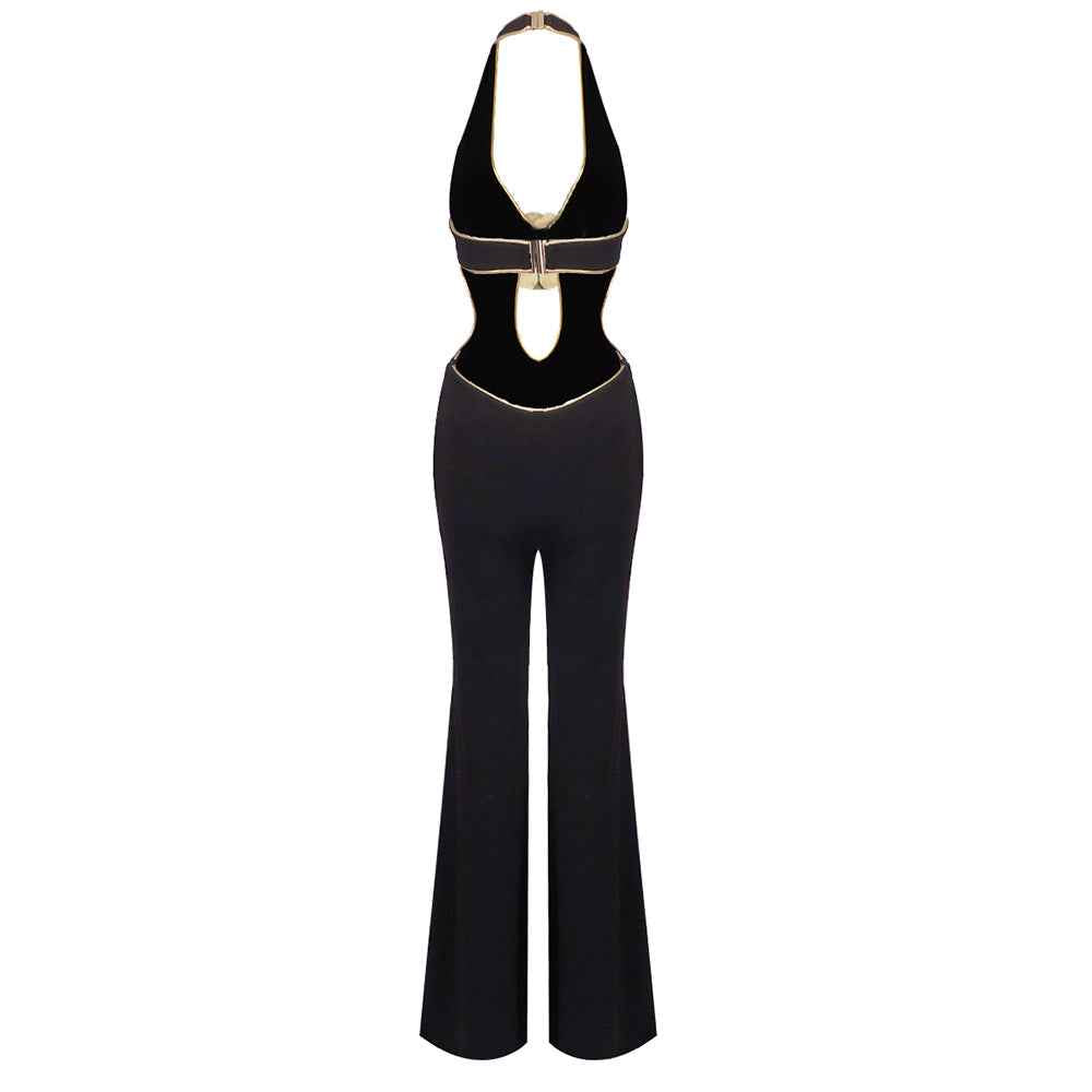 BD2561 Golden Flower Sleeveless Backless Halter Jumpsuit