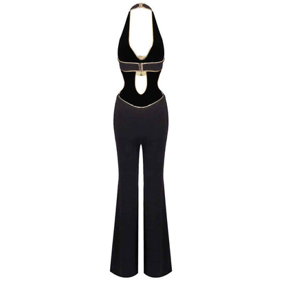 BD2561 Golden Flower Sleeveless Backless Halter Jumpsuit