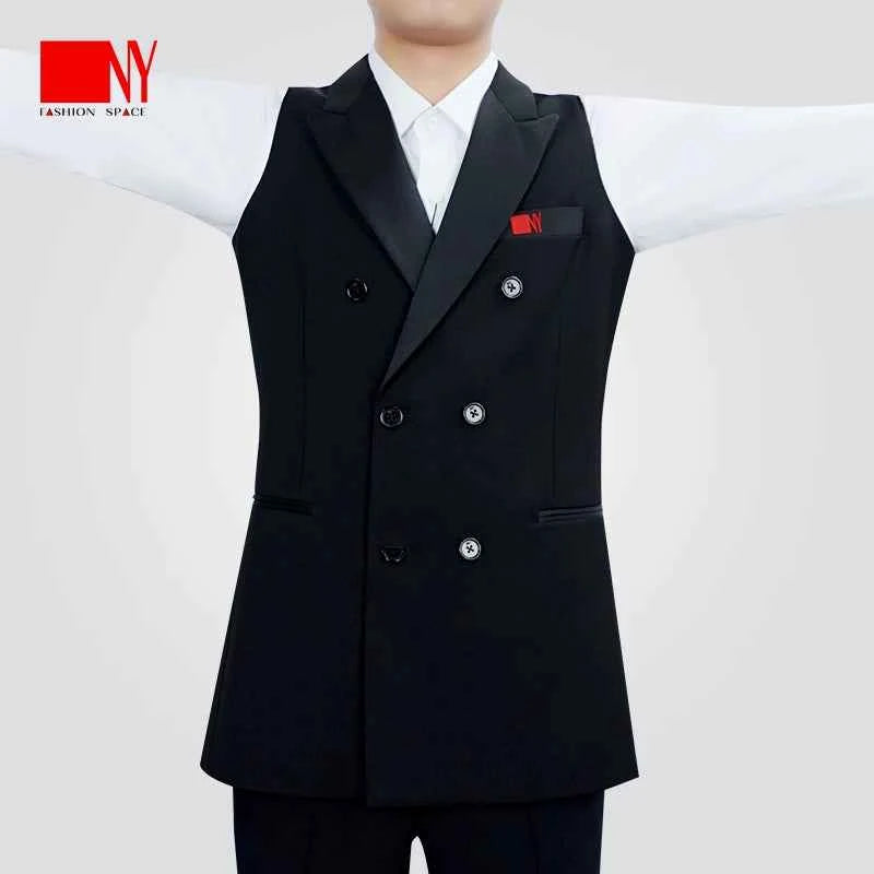 NY Fashion Gun Collar Double-breasted Modern Dance Vest Men's Ballroom Dance Practice Suit Top Waltz Suit 24123S