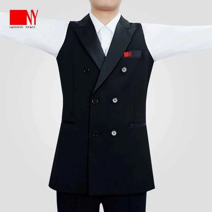 NY Fashion Gun Collar Double-breasted Modern Dance Vest Men's Ballroom Dance Practice Suit Top Waltz Suit 24123S