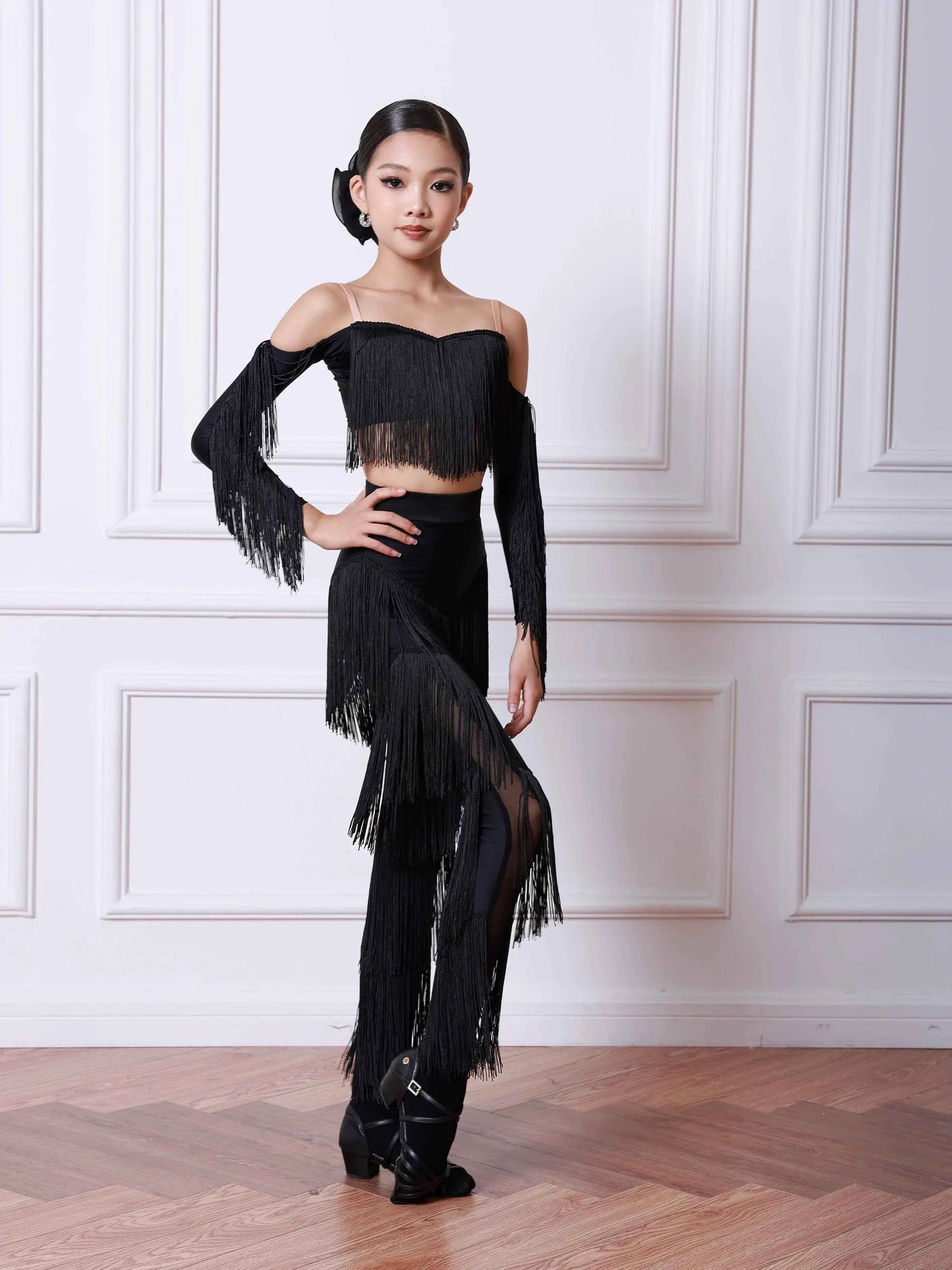 TID Latin dance suit girls autumn and winter practice suit fringed dance pants practice suit national standard dance suit