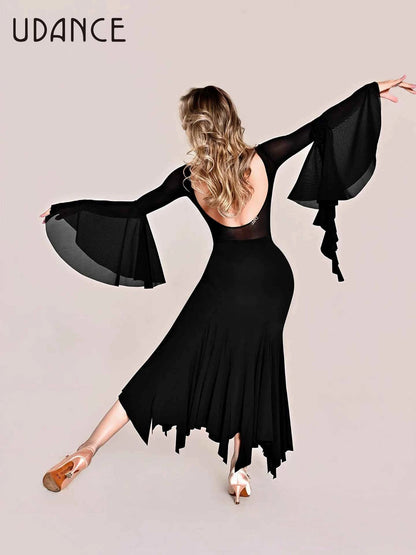 UDANCE ballroom pendulum body suit pendulum sleeve body suit lotus leaf sleeve mesh splicing top AMD11