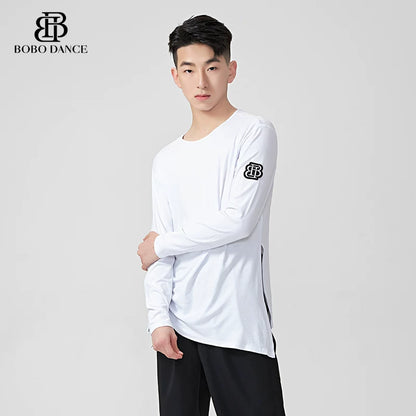 BOBO DANCE Boys Latin Dance Suit Crew Neck Black and White T-Shirt Men's Ballroom Dance Professional Latin Practice Suit Dance Top