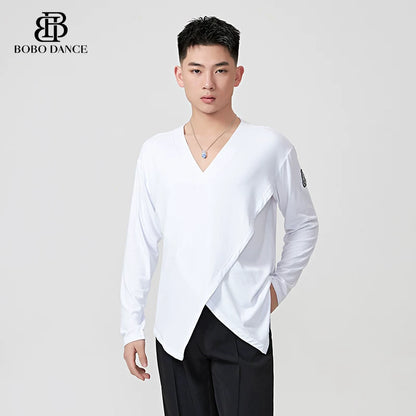 BOBO.L073 Boys Latin Dance Suit Crew Neck Black and White T-Shirt Men's Ballroom Dance Professional Latin Practice Suit Dance Top