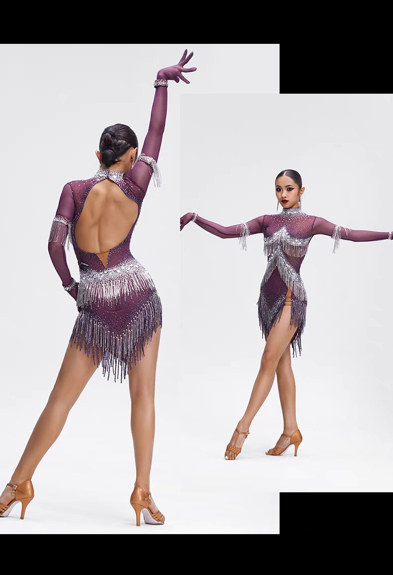 long sleeve latin dance dress Women black red tassels v neck long sleeves latin dance dresses for female salsa rumba chacha dance fringe dresses