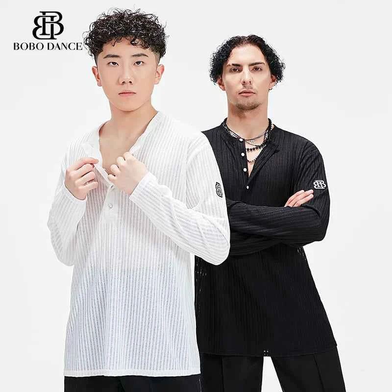 BOBO Men's Latin Dance Suit High-end Professional Practice Suit Adult Personality Performance Top Long Sleeve Dance Suit