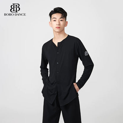 BOBO-DANCE.L083 Men's Latin Dance Suit Training Uniform Boys Adult Autumn and Winter Loose Long Sleeve Top Crew Neck T-Shirt Practice