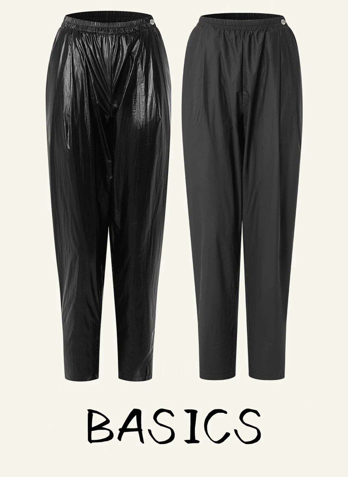 Two pairs of black basic pants shown side by side on a light beige background, with the text 'BASICS' below. One pair has a glossy finish and the other is matte, both with elastic waistbands.