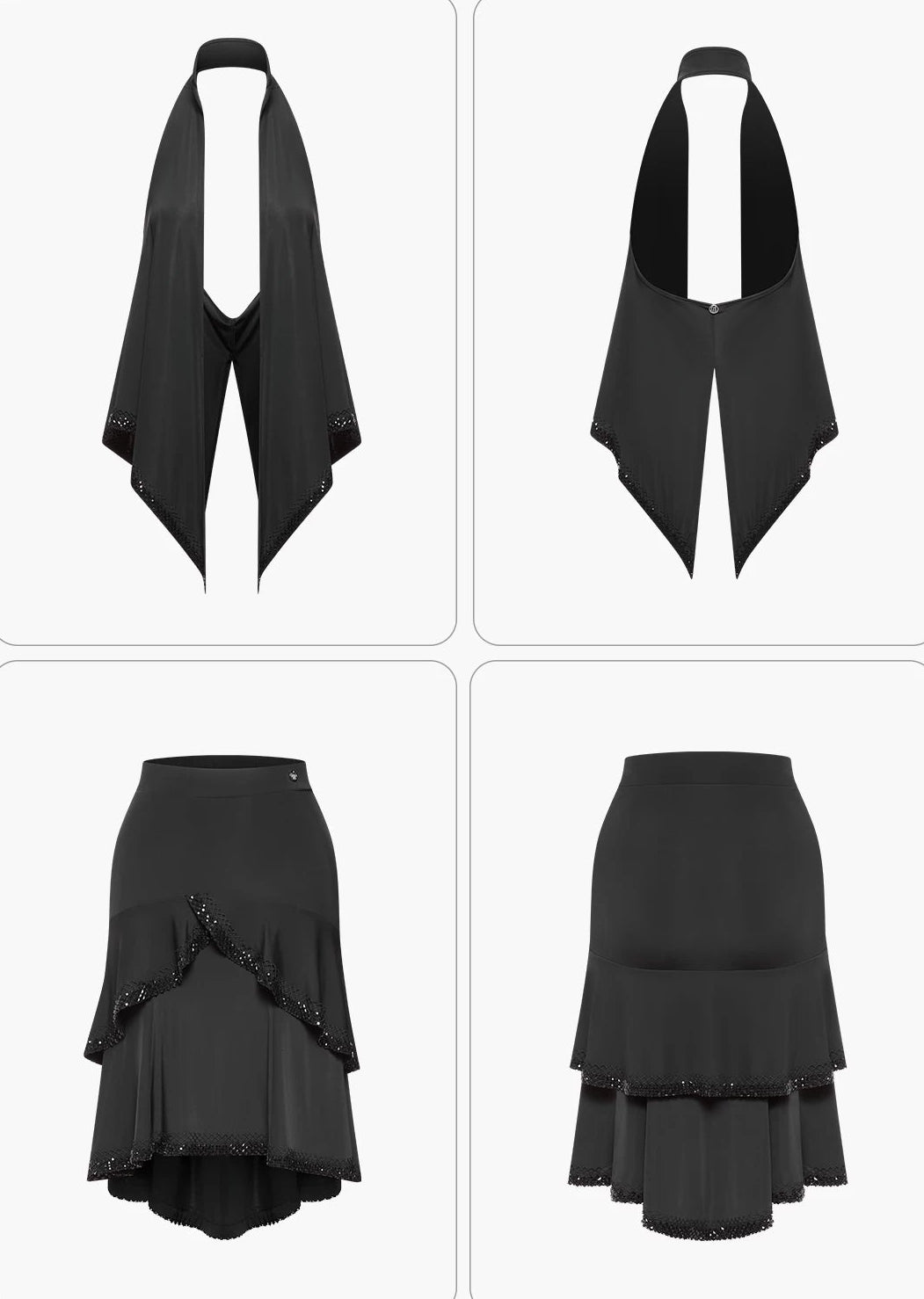 Black outfit with a white shirt and layered skirt on a white background
