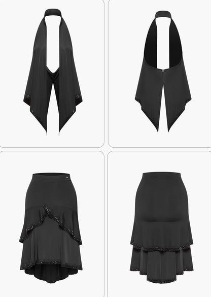 Black outfit with a white shirt and layered skirt on a white background