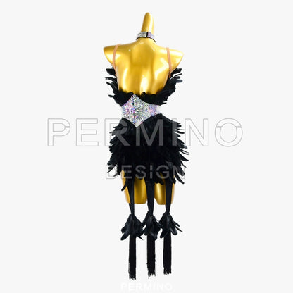 PERMINO.L037F Women’s Black Feather Performance Dress – Lightweight & Breathable Latin Costume