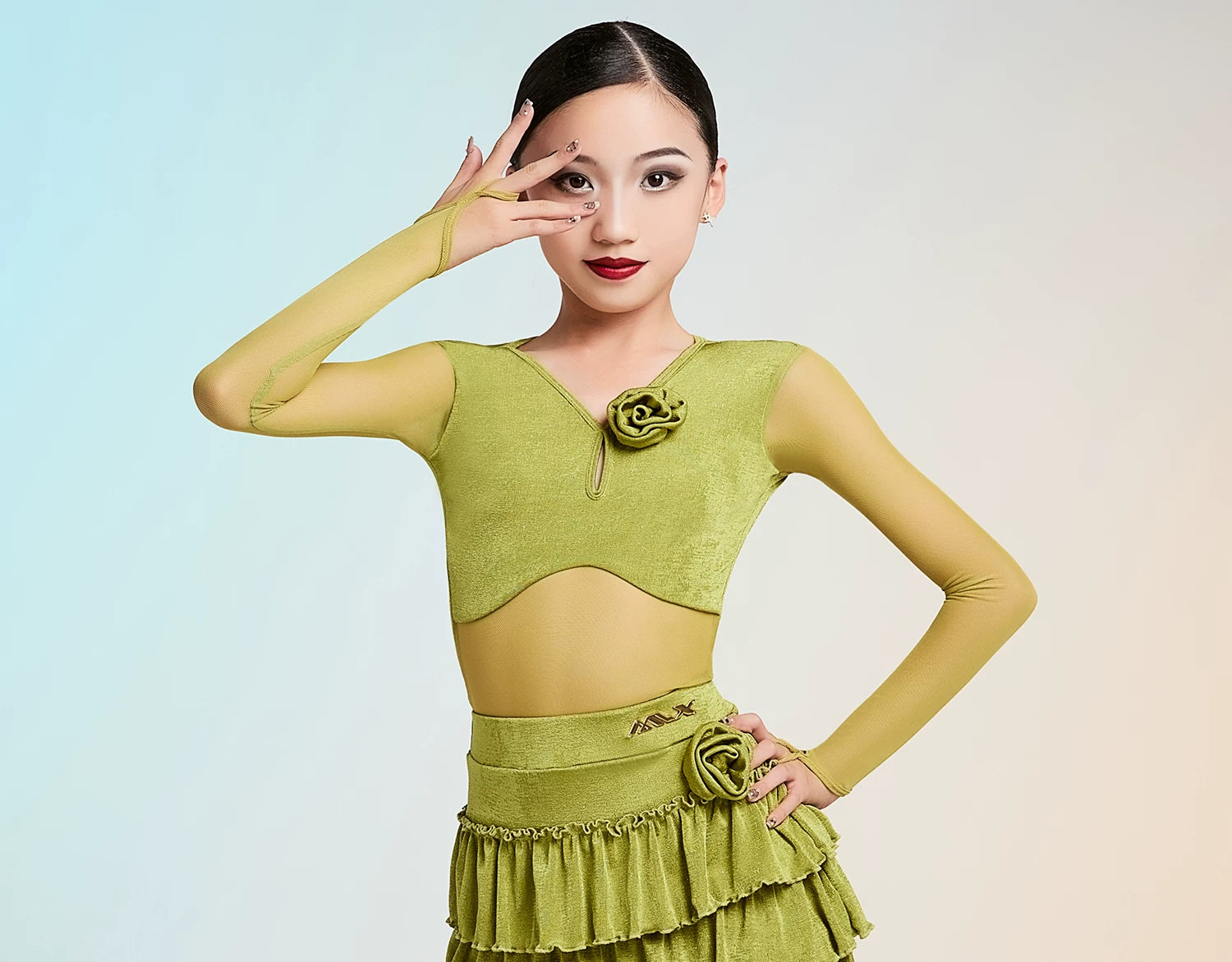 MLX gold 102/202 children's new long-sleeved Latin dance practice clothes children's dance cake skirt performance clothes - Mine·Jas
