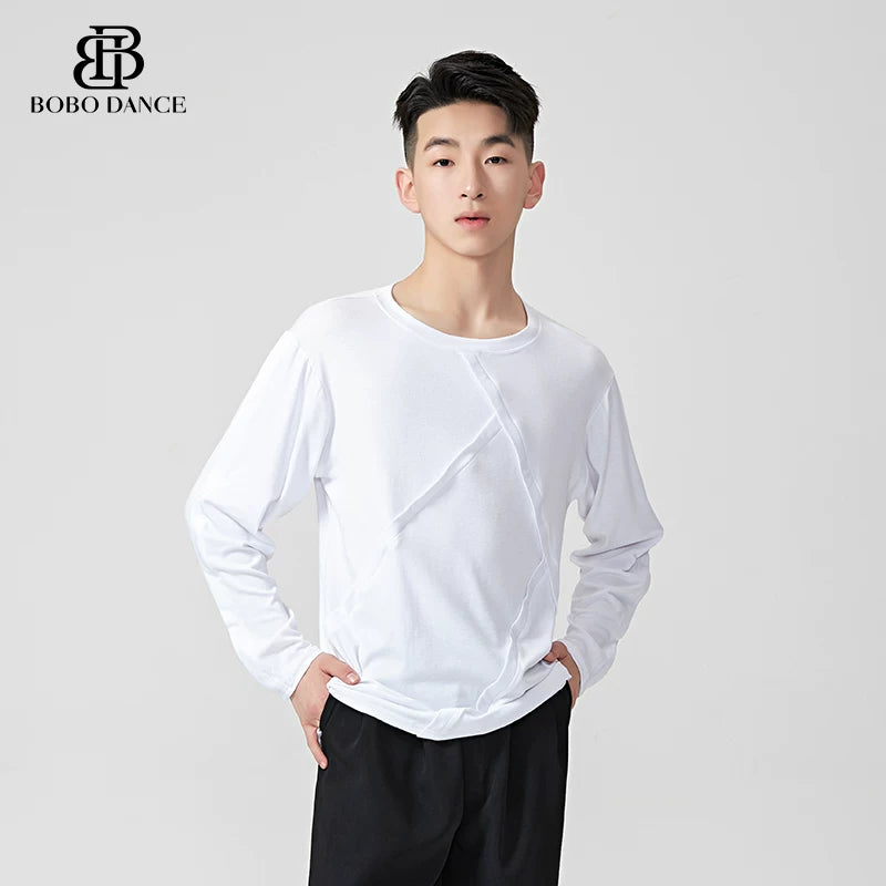 BOBO.L082 Boys Latin Dance Suit Crew Neck Black and White T-Shirt Men's Ballroom Dance Professional Latin Practice Suit Dance Top