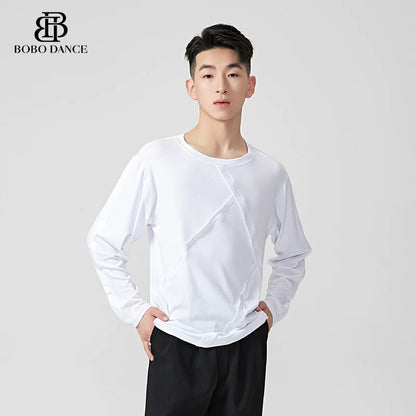 BOBO.L082 Boys Latin Dance Suit Crew Neck Black and White T-Shirt Men's Ballroom Dance Professional Latin Practice Suit Dance Top