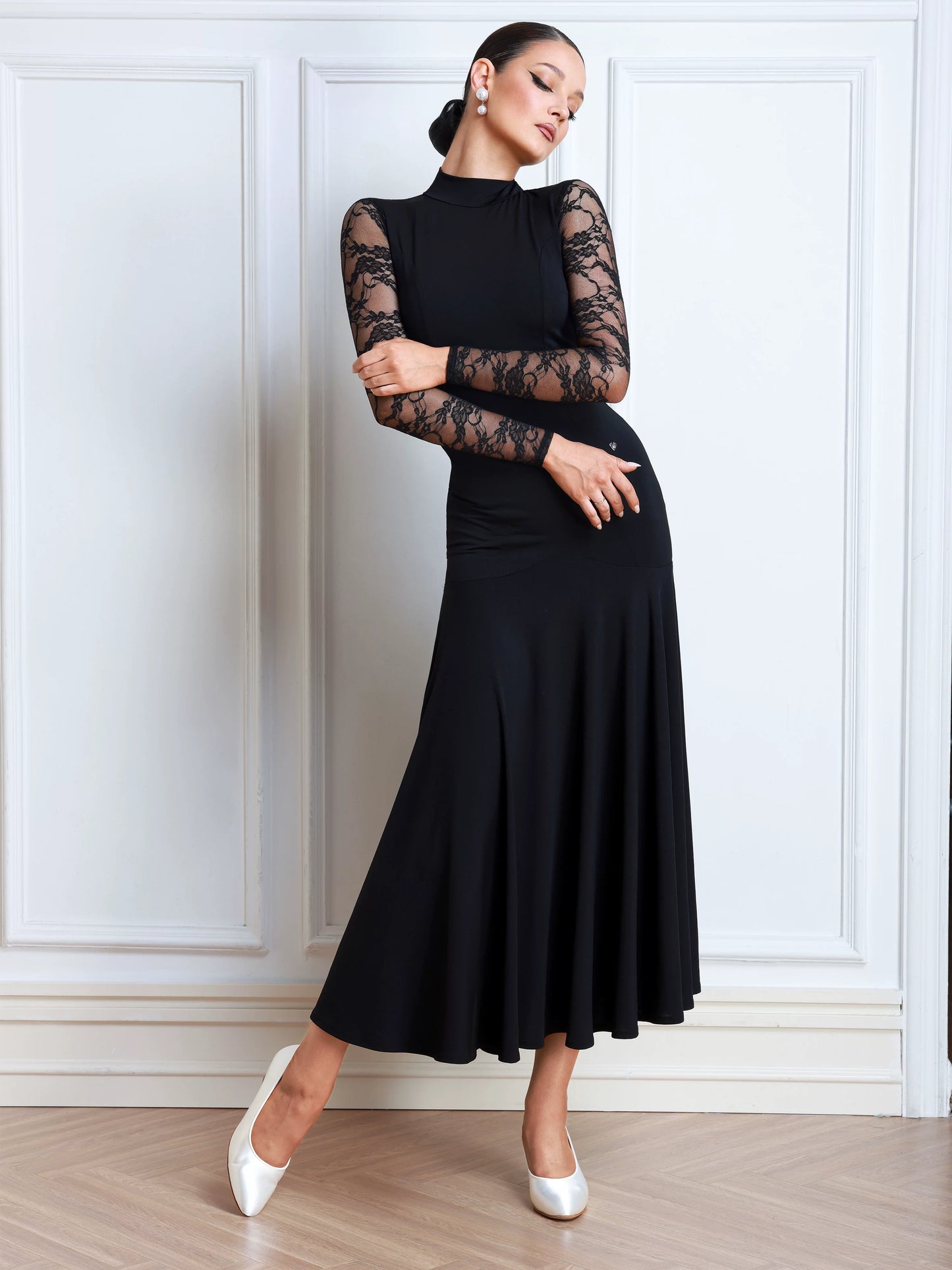 TID women's lace long-sleeved ballroom dance performance standard swing dress D035