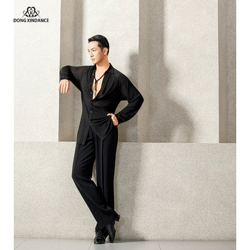 Dongxin Dance Latin Dance Men's Shirt, Front Short Back Long Practice Suit Training Suit NY851