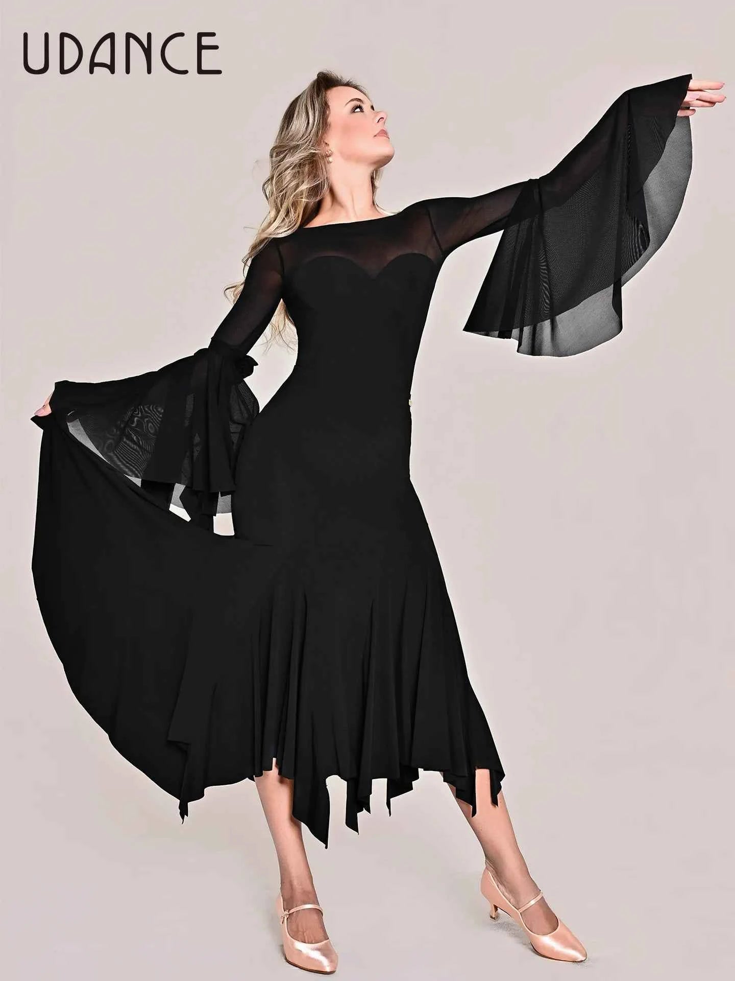 UDANCE ballroom pendulum body suit pendulum sleeve body suit lotus leaf sleeve mesh splicing top AMD11